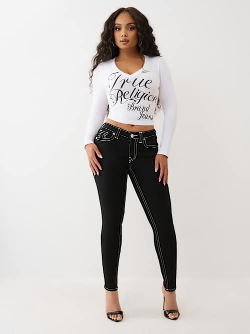 CRYSTAL LOGO V NECK LONG SLEEVE TEE