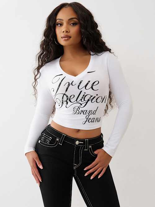 CRYSTAL LOGO V NECK LONG SLEEVE TEE