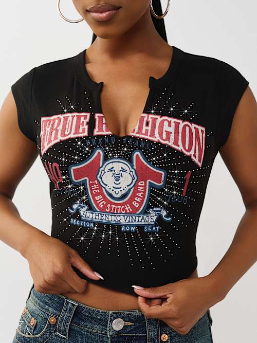 ФУТБОЛКА С V-ОБРАЗНЫМ ВЫРЕЗОМ ИЗ ПОТЕРТЫХ КРИСТАЛЛОВ БУДДЫ