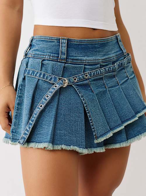 ASYMMETRIC PLEATED DENIM MINI SKIRT