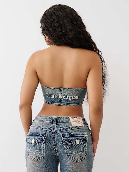 EMBROIDERED DENIM HALTER CORSET TOP