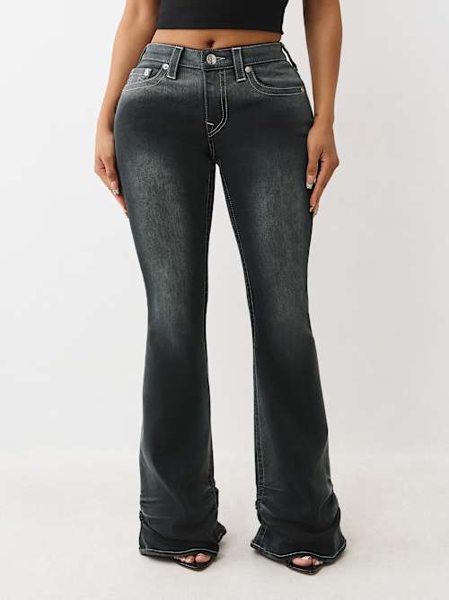 RUCHED MID RISE FLARE JEAN