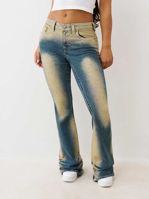 RUCHED MID RISE FLARE JEAN