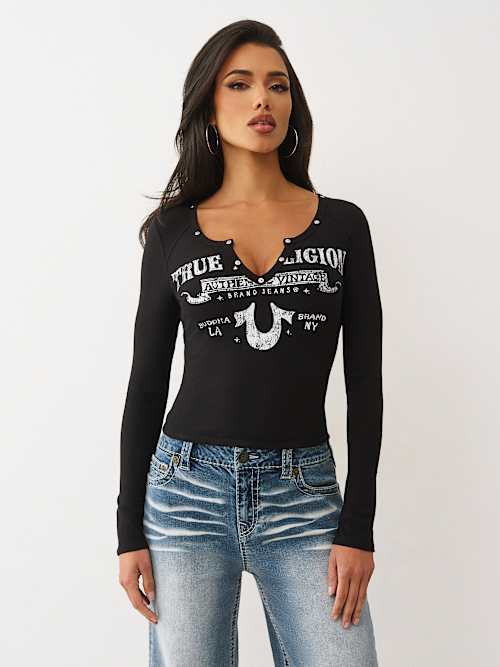 RIBBED V NOTCH LONG SLEEVE TEE