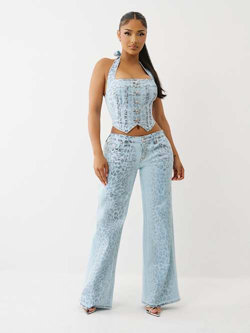FOILED LEOPARD DENIM HALTER TOP