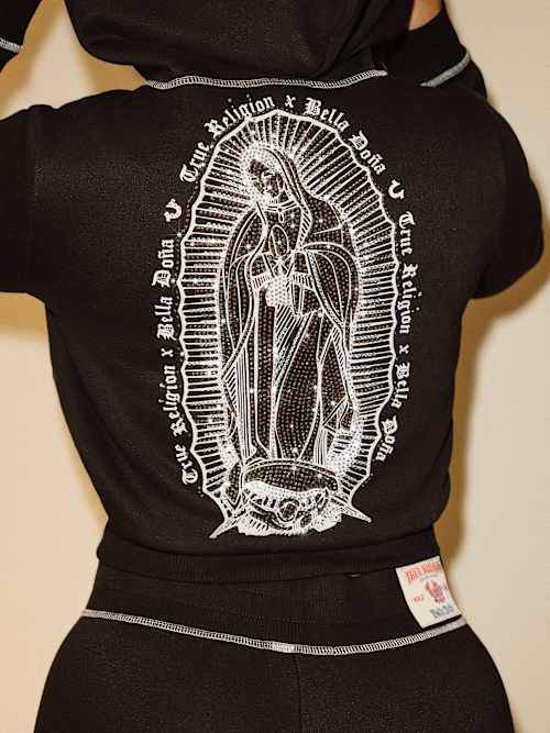 TRUE RELIGION X BELLA DOÑA CRYSTAL SHRUNKEN ZIP HOODIE