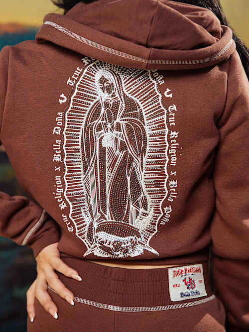 TRUE RELIGION X BELLA DOÑA CRYSTAL SHRUNKEN ZIP HOODIE