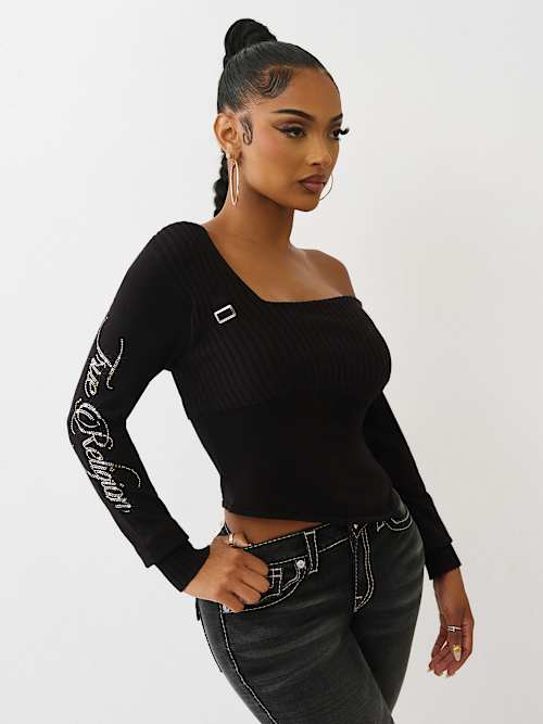 АСИММЕТРИЧНЫЙ СВИТЕР С ОТКРЫТЫМИ ПЛЕЧАМИ