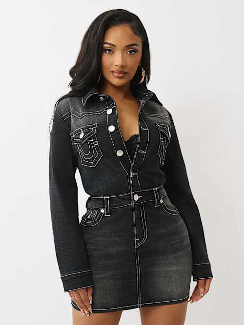 BUTTON UP LONG SLEEVE DENIM DRESS