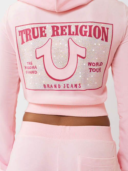 ВЕЛЮРОВАЯ ТОЛСТОВКА С КАПЮШОНОМ НА МОЛНИИ ИЗ ХРУСТАЛЬНОЙ ПОДКОВЫ