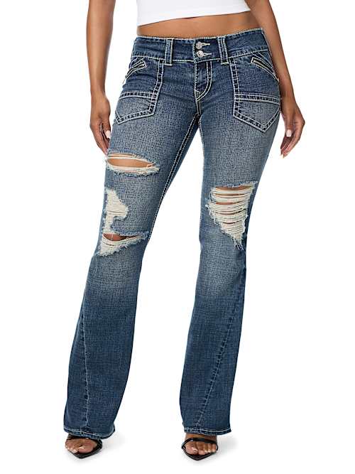 JOEY LOW RISE DESTROYED ZIPPER POCKET BIG T FLAP FLARE JEAN