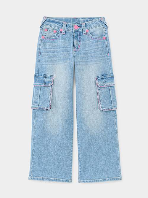 True Religion Jeans Little Girls Sz 5 Faded Wide Hem Flare Leg Blue on sale Denim