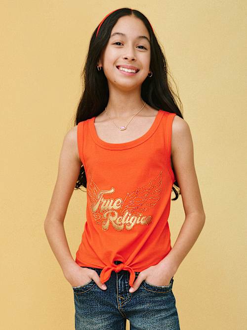 GIRLS IRIDESCENT WINGED LOGO TIE TANK TOP