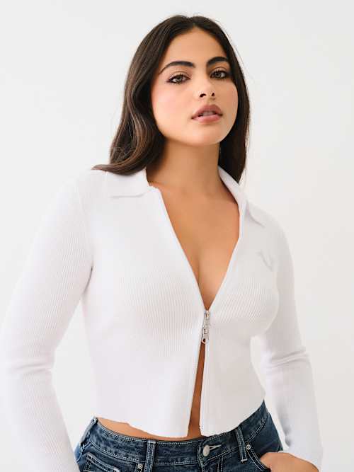 RIB COLLAR ZIP SWEATER