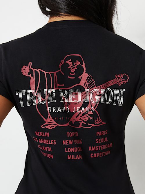 CAMISETA CON CUELLO EN V Y LOGOTIPO DE CONCIERTO CON CRISTALES