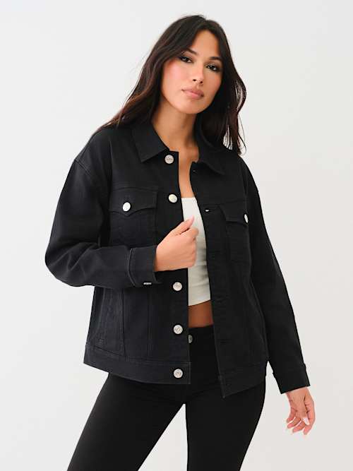 OVERSIZED GLITTER LOGO DENIM TRUCKER JACKET