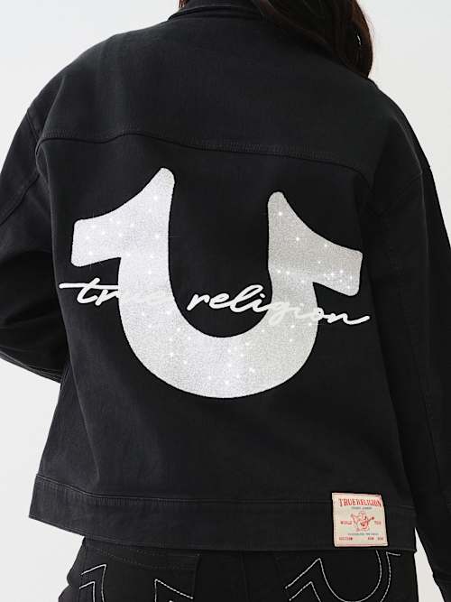 OVERSIZED GLITTER LOGO DENIM TRUCKER JACKET