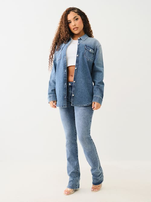 OVERSIZED DENIM CRYSTAL LOGO LONG SLEEVE SHIRT