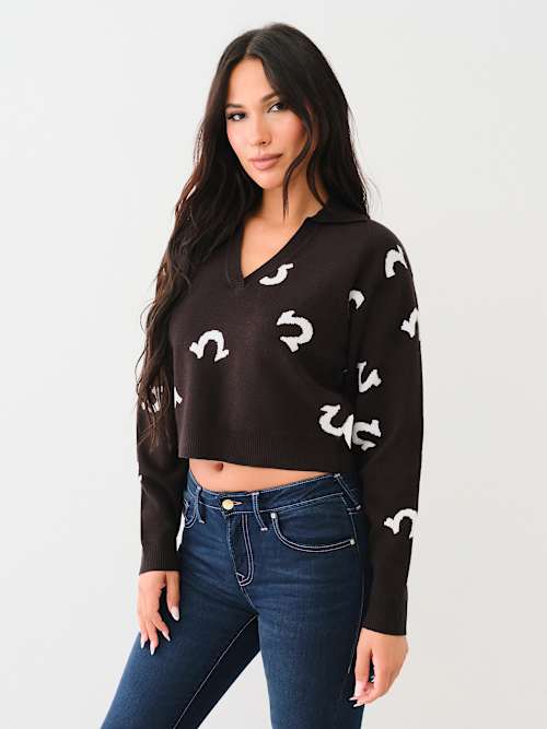 HORSESHOE NOTCH COLLAR SWEATER