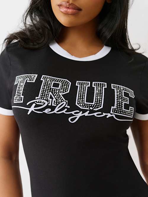 CAMISETA PEQUEÑA CON BORDE Y DETALLE EN CRISTAL