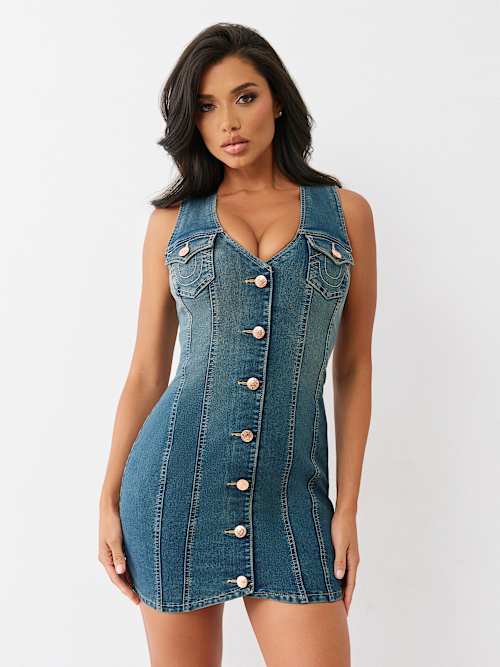 BUTTON FRONT DENIM MINI DRESS