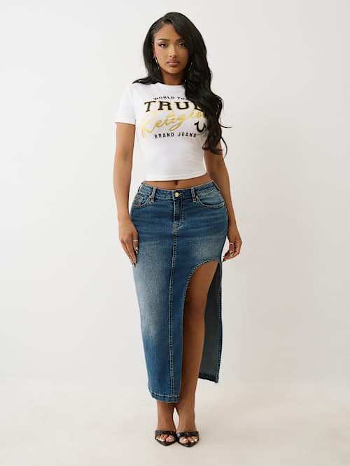 DENIM CUT OUT MAXI SKIRT