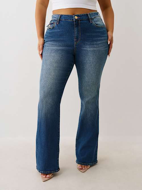 JEANS CORTE DE BOTA BECCA TALLA PLUS DE TIRO MEDIO CON CRISTALES