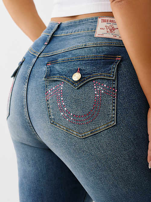 JEANS CORTE DE BOTA BECCA TALLA PLUS DE TIRO MEDIO CON CRISTALES