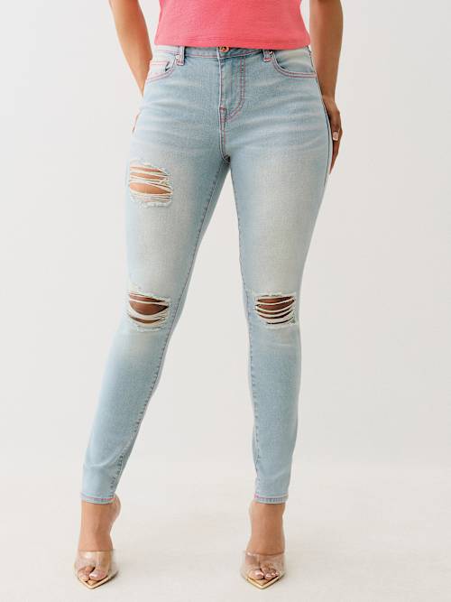 Женские джинсы True Religion Jennie, узкие средней посадки с потертостями, светлая стирка