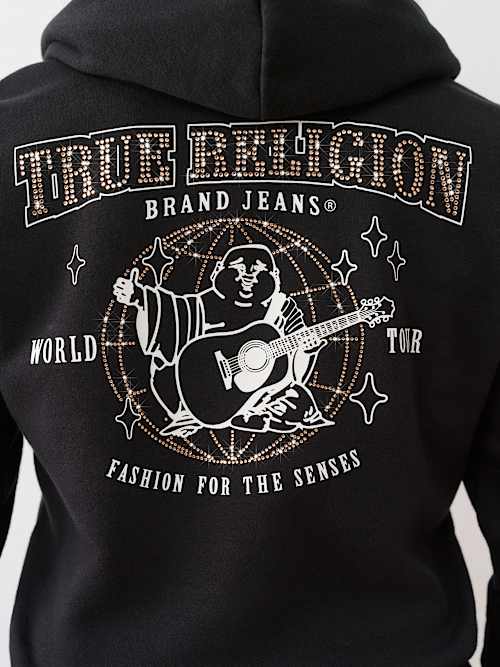 ЧЕРНАЯ ТОЛСТОВКА TRUE RELIGION НА МОЛНИИ С ЛОГОТИПОМ И ПРИНТОМ НА СПИНЕ, ИЗОБРАЖАЮЩИМ БУДДУ, ИГРАЮЩЕГО НА ГИТАРЕ