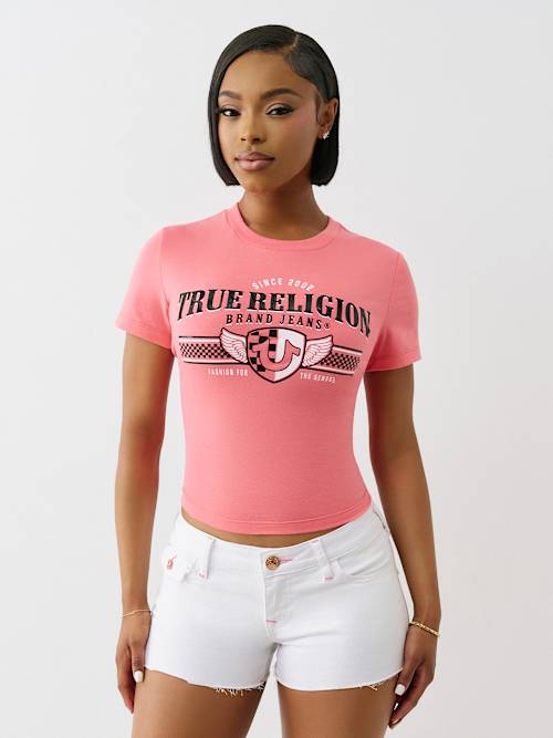 売れ筋商品|||トゥルーレリジョン カットソー トップス レディース Women's Logo Halter Neckline Tank T-Shirt Optic White Women's Designer Tees and Tank Tops - True Religion