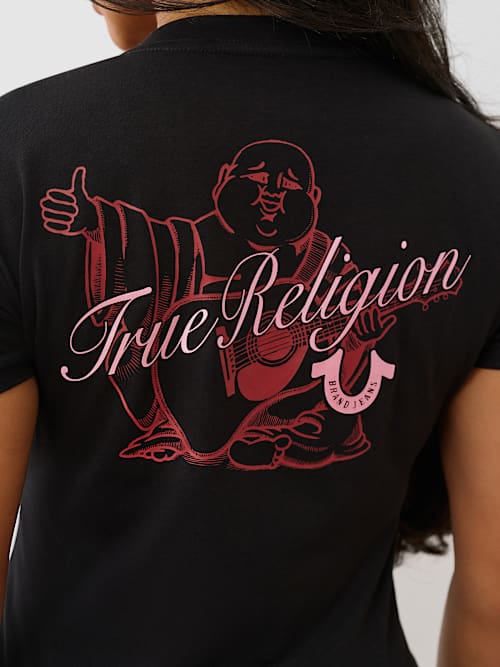 CAMISETA CON CUELLO EN V CON LETRAS DE BUDDHA