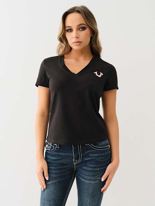 TROPICAL DENIM HORSESHOE V NECK TEE