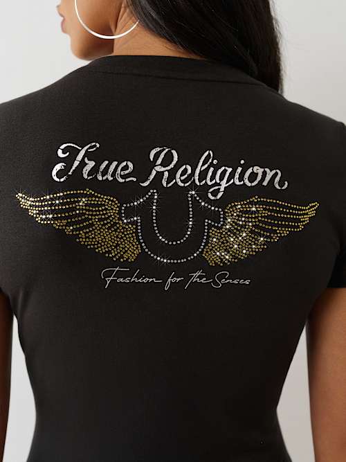 CAMISETA CON CUELLO EN V Y HERRADURA CRISTAL ALADA