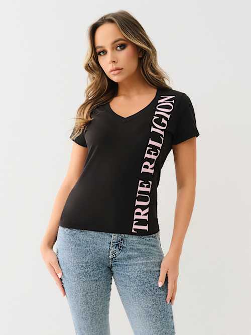 VERTICAL LOGO V NECK TEE