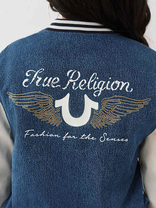CRYSTAL WING DENIM VARSITY JACKET
