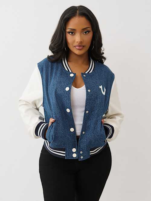 CRYSTAL WING DENIM VARSITY JACKET