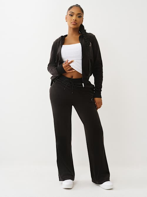 PANTALONES DEPORTIVOS CON PIERNAS RECTAS DE TERCIOPELO CON HERRADURA Y CRISTALES