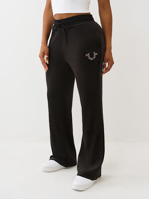 PANTALONES DEPORTIVOS CON PIERNAS RECTAS DE TERCIOPELO CON HERRADURA Y CRISTALES