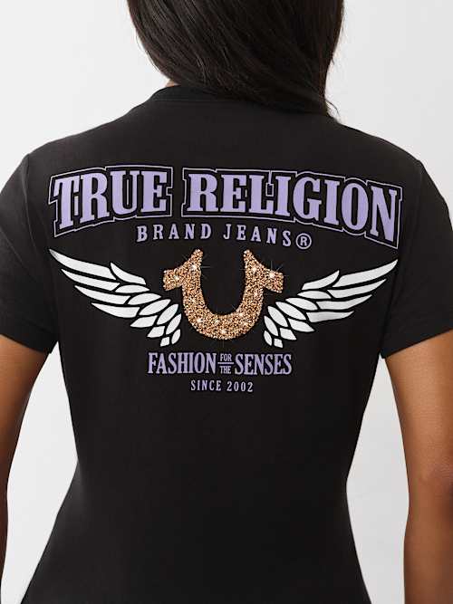 CRUSHED CRYSTAL HORSESHOE V NECK TEE