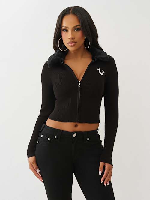 СВИТЕР НА МОЛНИИ ИЗ ИСКУССТВЕННОГО МЕХА В РУБЧИК