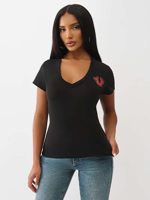 SCRIPT LOGO V NECK TEE