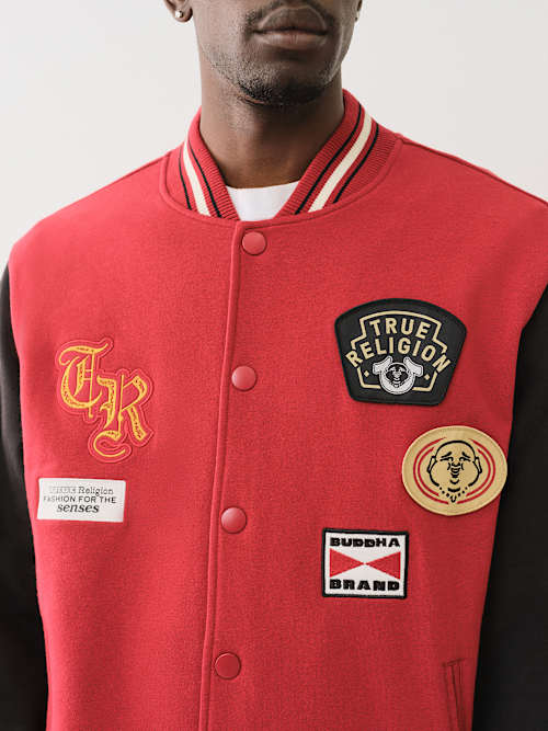 MULTI PATCH FLEECE VARSITY JACKET