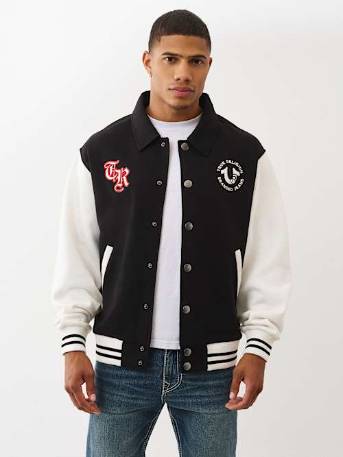 COLLARED PATCH FLEECE VARSITY JACKET