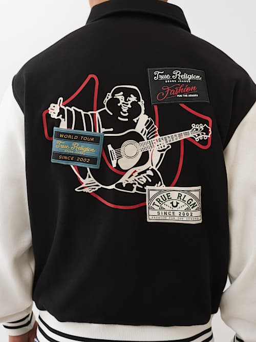 COLLARED PATCH FLEECE VARSITY JACKET