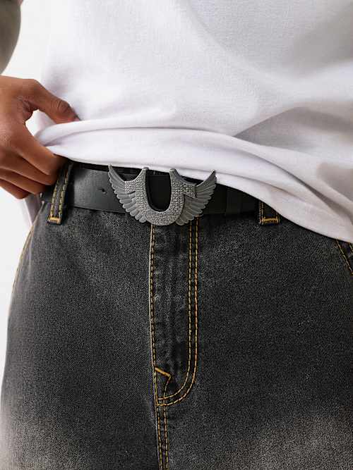Ремень True Religion с крылатой пряжкой-подковой, черный