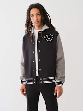 FLEECE HOODED VARSITY JACKET