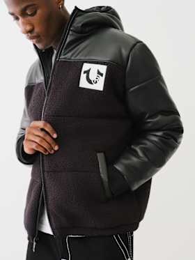 SHERPA FAUX LEATHER PUFFER JACKET