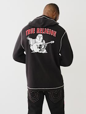 FLOCKED LOGO HOODED HENLEY TEE
