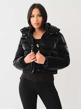 FAUX PATENT LEATHER HOODED PUFFER JACKET 